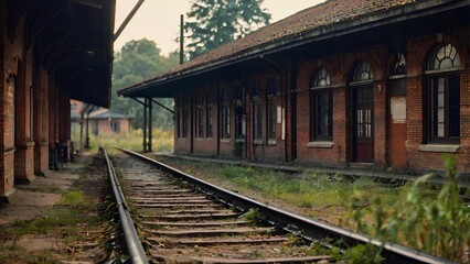 Brown red brick wall old abandon railway train station in the 80s