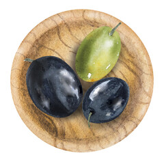 Olive berries in a wooden bowl, olive branches with berries and leaves, watercolor illustration, top view. Hand drawn watercolor clipart of olive berries in a plate
