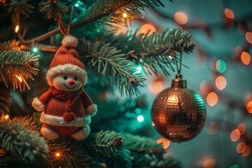Close up view of  toys hanging on the Christmas tree branch. Festive background