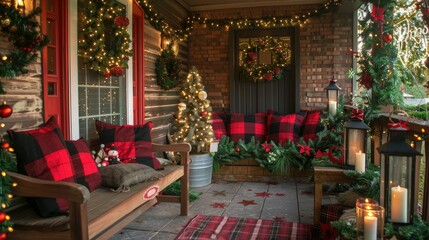 Fototapeta premium A festive Christmas porch decorated with red and white plaid cushions