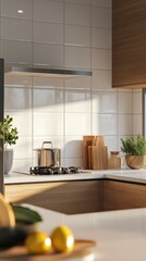 Sunlight casts soft shadows over a modern kitchen countertop with wooden accessories