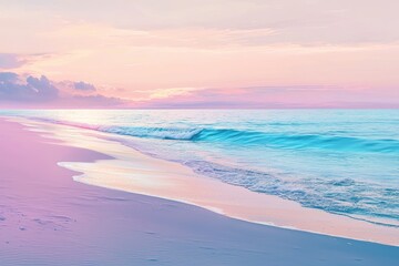 Obraz premium A tranquil beach scene at sunset, showcasing soft pastel colors in the sky and gentle waves lapping at the shore.