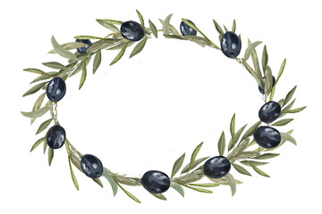 Olive branch with green and black olive berries watercolor illustration.Watercolor round frame of olive branches. Hand drawn botanical illustration for design
