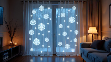 Cozy Living Room with Silky, Snowflake-Inspired Curtains