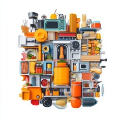 Colorful kitchen items arranged creatively.