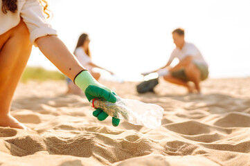 Clean up garbage on the ocean coast. Ecology concept and World Environment Day, Save earth concept....