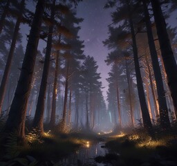 Twilight forest scene with tall trees and glowing fireflies, forest magic, glowing fireflies, twilight