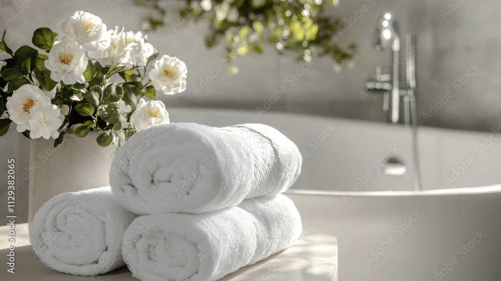 Aufkleber a serene bathroom setting features neatly rolled, soft towels placed on a countertop next to a vase 