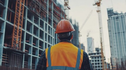 Construction Worker in Safety Vest and Hard Hat Facing Skyscrapers