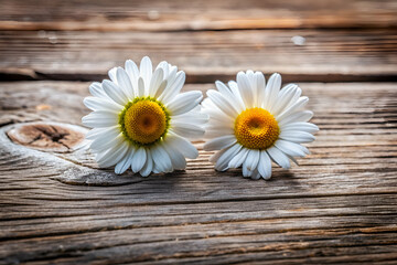 Obraz premium Two white daisies with yellow centers placed on a rustic wooden surface, showcasing natural beauty and simplicity.