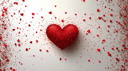 Bright red heart surrounded by scattered small hearts on a clean white background