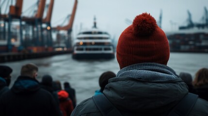 A group of people watching a boat at a harbor in foggy weather.