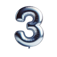 silver color Number 3 Balloon, Shiny metallic foil balloon shape party decoration, isolated on transparent cutout PNG