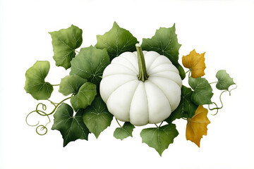 A white pumpkin surrounded by ivy leaves on a white background