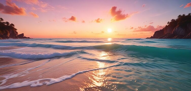 Warm hues of orange and pink hues fade into the turquoise sea, golden, colours, sky