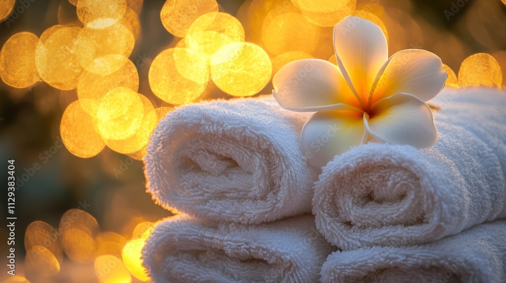 Poster soft towels are neatly stacked with a delicate flower on top, surrounded by a warm, glowing ambiance