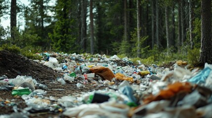 A discarded pile of trash in a forest environment