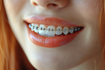 Fototapeta premium A close-up of a smiling woman confidently displaying braces on her teeth, with clean and bright lighting that highlights her dental health and symbolizes confidence.