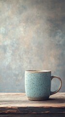 Simple blue mug on rustic wooden surface with textured background