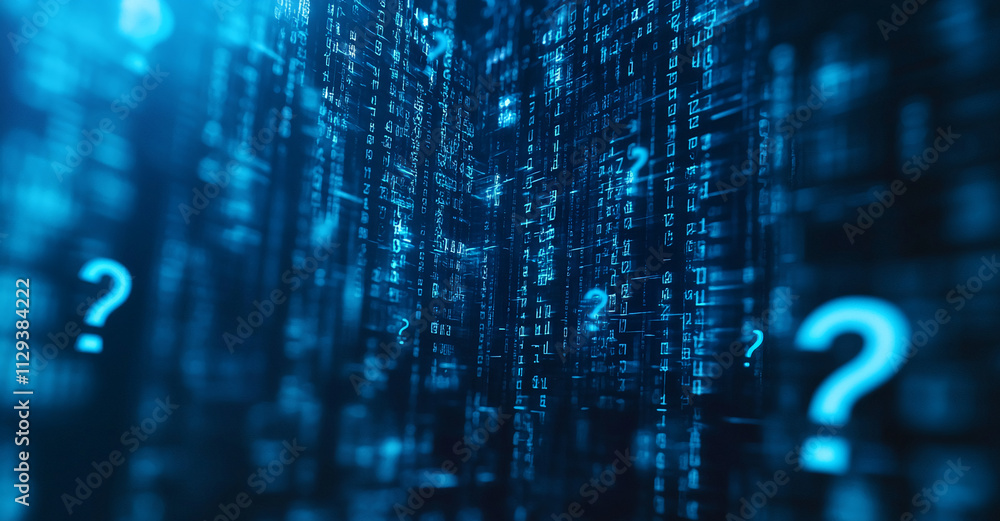Poster Digital data flow with question marks in a futuristic blue matrix environment depicting uncertainty