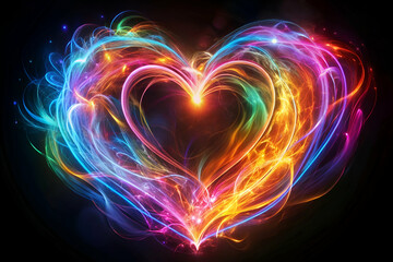 Vibrant, multicolored heart formed from swirling light and energy, creating a dynamic and mesmerizing visual effect against a dark background.