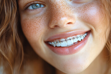 Fototapeta premium A close-up of a smiling woman confidently displaying braces on her teeth, with clean and bright lighting that highlights her dental health and symbolizes confidence.