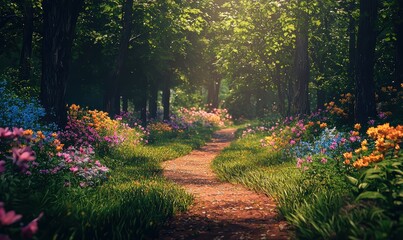 A tranquil forest path adorned with vibrant flowers, leading through lush greenery, illuminated by soft sunlight.