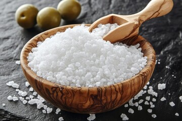 Coarse sea salt in a wooden bowl with olives.