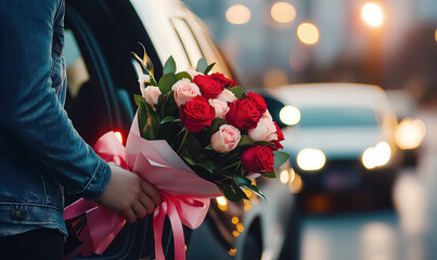 Bouquet of flowers. A man's hand takes roses out of the trunk of a black SUV parked on a city street at dusk. holiday concept Valentine's Day, birthday, romantic date.