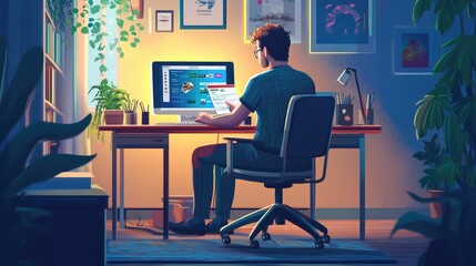 Man working at a home office at night.