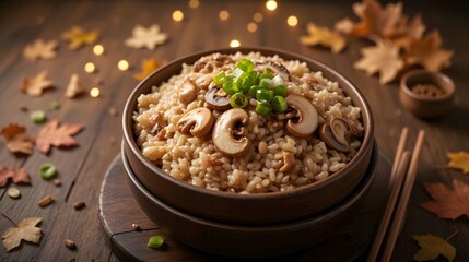 Autumn Hearty Kinoko Gohan, seasoned rice cooked with a mix of Japanese mushrooms like shiitake, maitake, and enoki, garnished with green onions and sesame seeds in a rustic wooden table. Ai