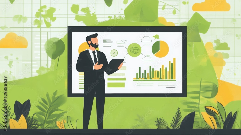 Poster a business professional presents data on sustainable finance trends, showcasing the integration of a