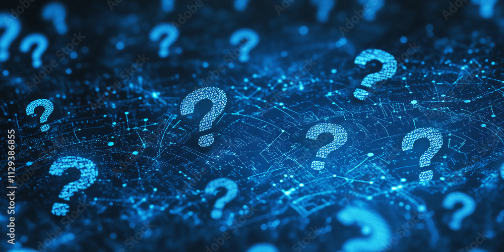 Aufkleber Exploration of unknown territories represented by digital question marks in a blue network background