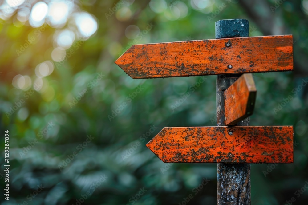 Poster a simple wooden sign featuring two arrows pointing in opposite directions, suitable for use as a nav
