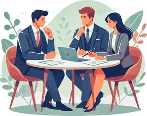 Partners meeting for business discussion with documents and laptop on desk. Couple at round table, speaking, discussing work, partnership. Flat vector on a white background