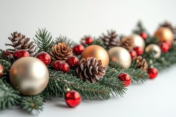 A decorative Christmas garland featuring pine cones and ornaments, perfect for holiday decorating