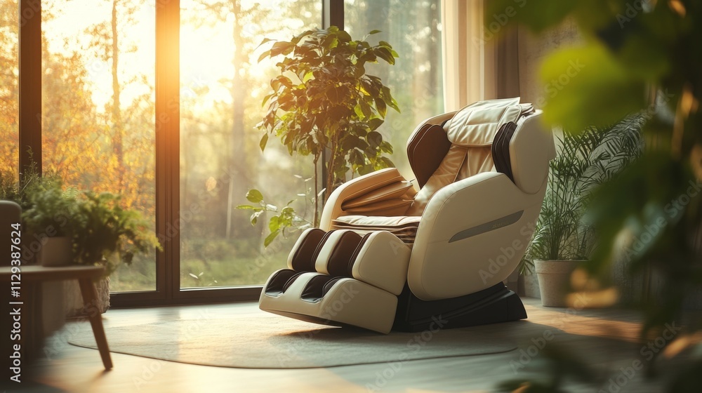Poster a multisensory experience unfolds in a tranquil room as sunlight streams through large windows, illu