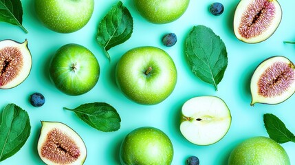 Fototapeta premium Fresh green apples and ripe figs arranged beautifully with mint and oats on a vibrant turquoise background