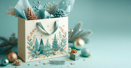 White bag with christmas tree design with new year decorations on blue background with pine cones and stars in frosted mint, blue spruce, pale gold, ivory colors