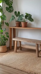 Stylish indoor plant arrangement with wooden bench and natural decor elements to enhance ambiance