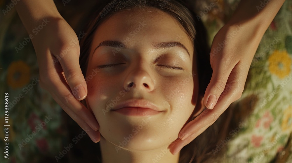 Aufkleber a serene setting shows a young woman enjoying a facial massage as part of a home spa routine. soft l