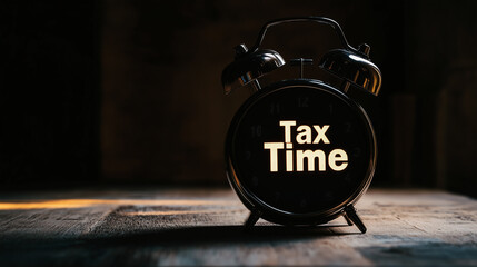 Alarm clock displaying tax time with warm light on wooden surface