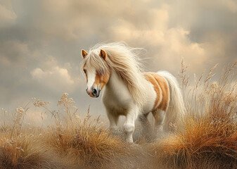 Majestic Miniature Horse in Golden Meadow Under Soft Cloudy Skies
