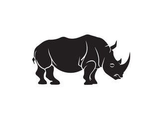 Wild black Rhino Silhouette on white background. Black and white rhino vector silhouette. Animal Silhouette. Vector illustration. 