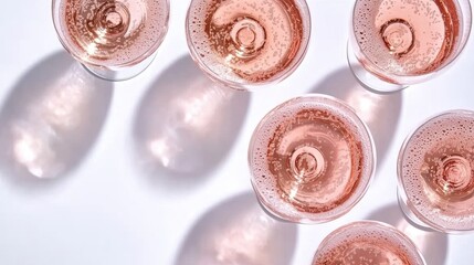 Five glasses filled with ros&eacute; wine rest on a clean white surface. Soft shadows and natural light enhance the romantic setting, perfect for an intimate dinner gathering