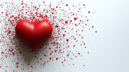 Bright red heart surrounded by scattered small hearts on a clean white background