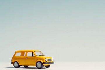 Fototapeta premium small rental car toy in bright yellow placed on seamless white surface