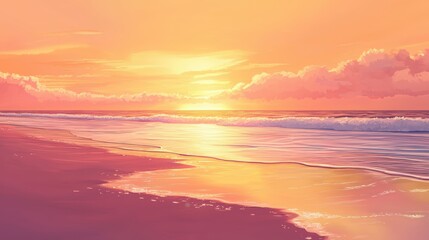 Obraz premium A serene beach at sunset, with vibrant orange and pink hues reflecting on the water, creating a peaceful and picturesque atmosphere.