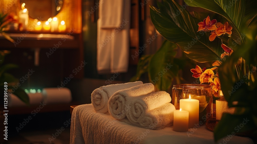 Poster soft candlelight bathes the room as neatly rolled towels await use near a vibrant arrangement of flo