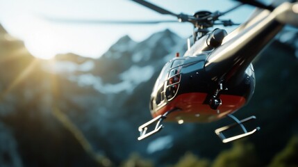 A helicopter flying over a mountainous landscape at sunset.